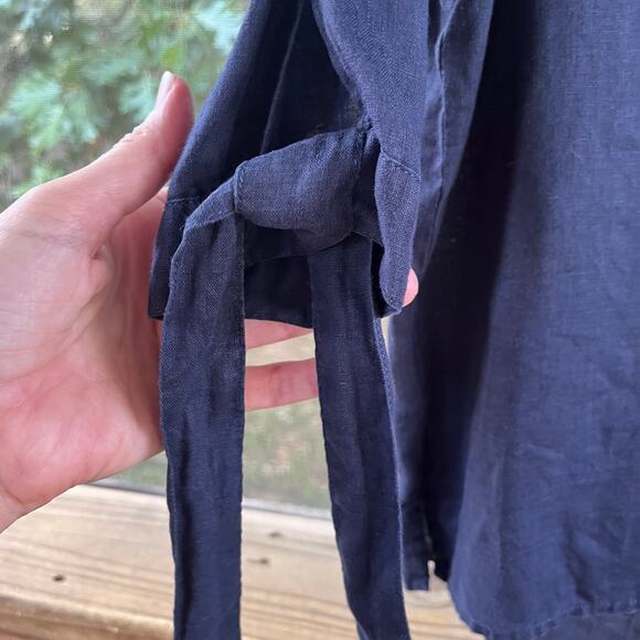 Claire Woman 100% Linen Dark Navy V-Neck Tie Sleeve Top Size M - Picture 3 of 7